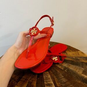 Tory Burch Red Orange Dillan Patent Leather Sandal
